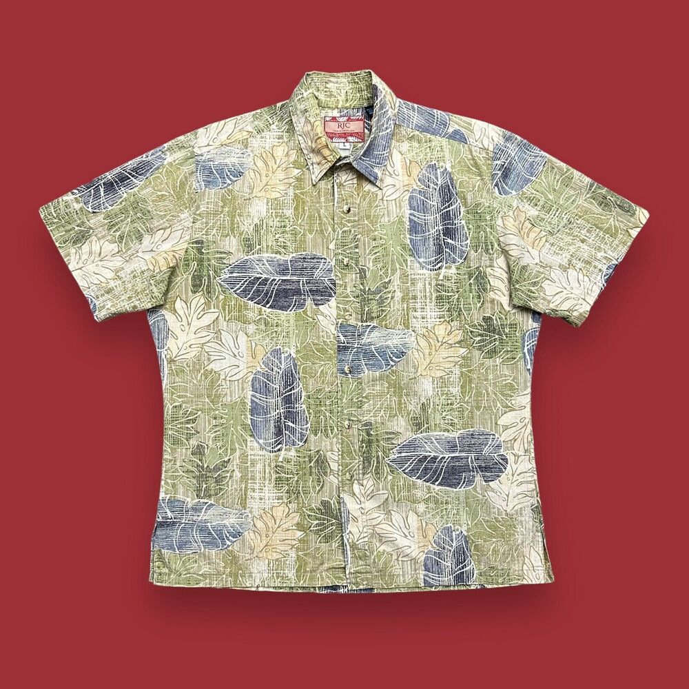 Vintage Hawaiian Shirt Floral Monstera Leaf Aloha Camp 90s Cotton Green Large